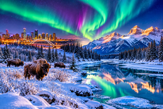 Canada winter tour featuring Northern Lights, Jasper mountains and Alberta winter scenery