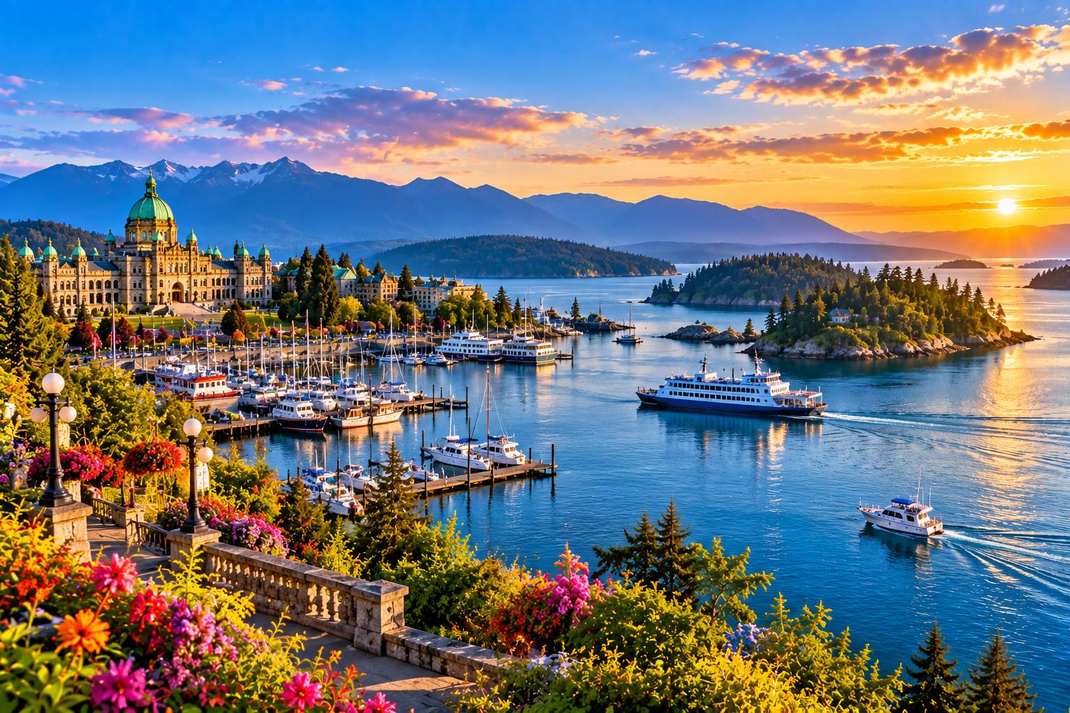 Gulf Islands tour from Vancouver featuring Victoria Harbour and British Columbia coastal scenery