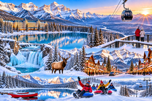 anff winter tour featuring snowy Canadian Rockies and Lake Louise scenery